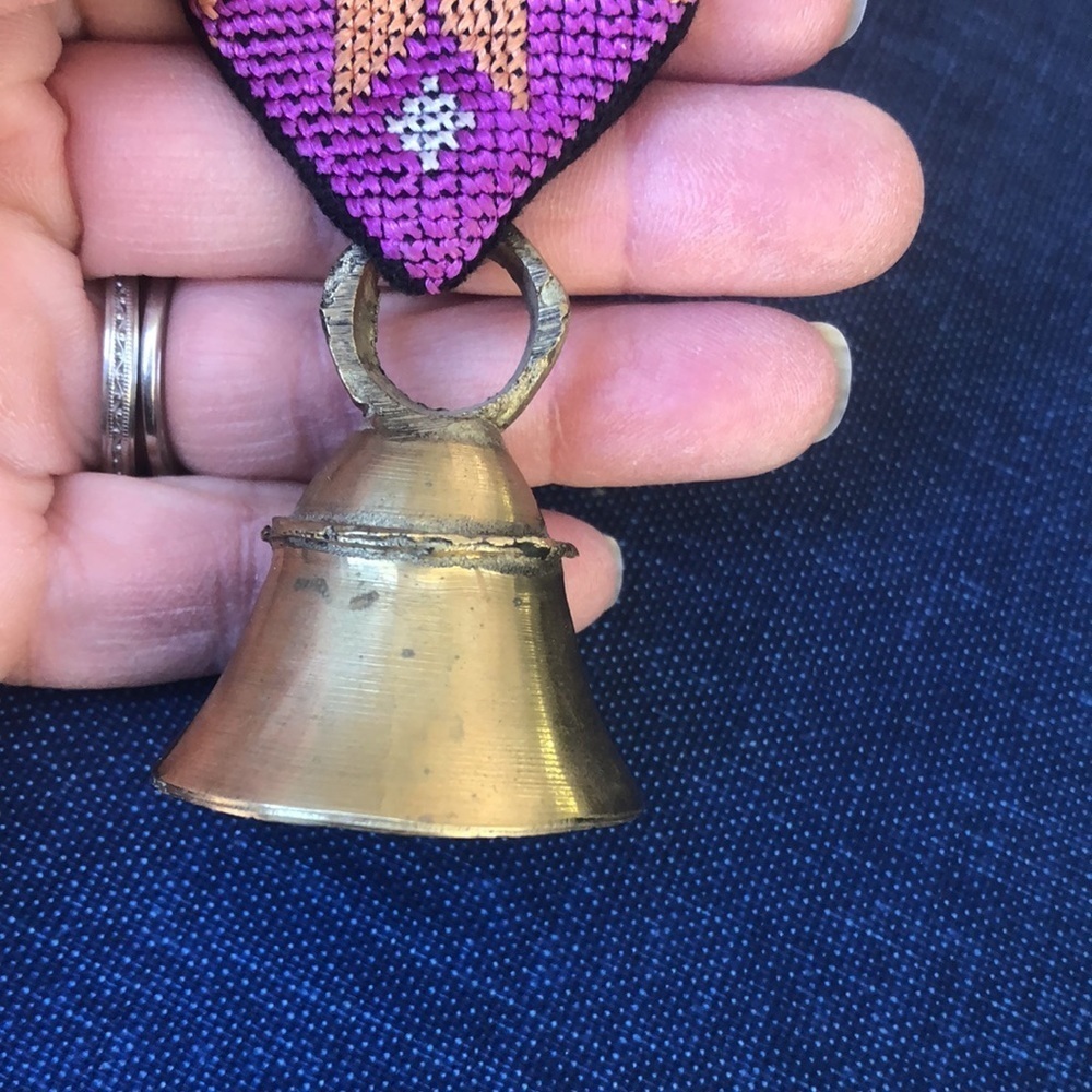 VTG Zardozi Hand Embroidered Tapestry Brass Butler Prayer Bell Pull Afghan Women